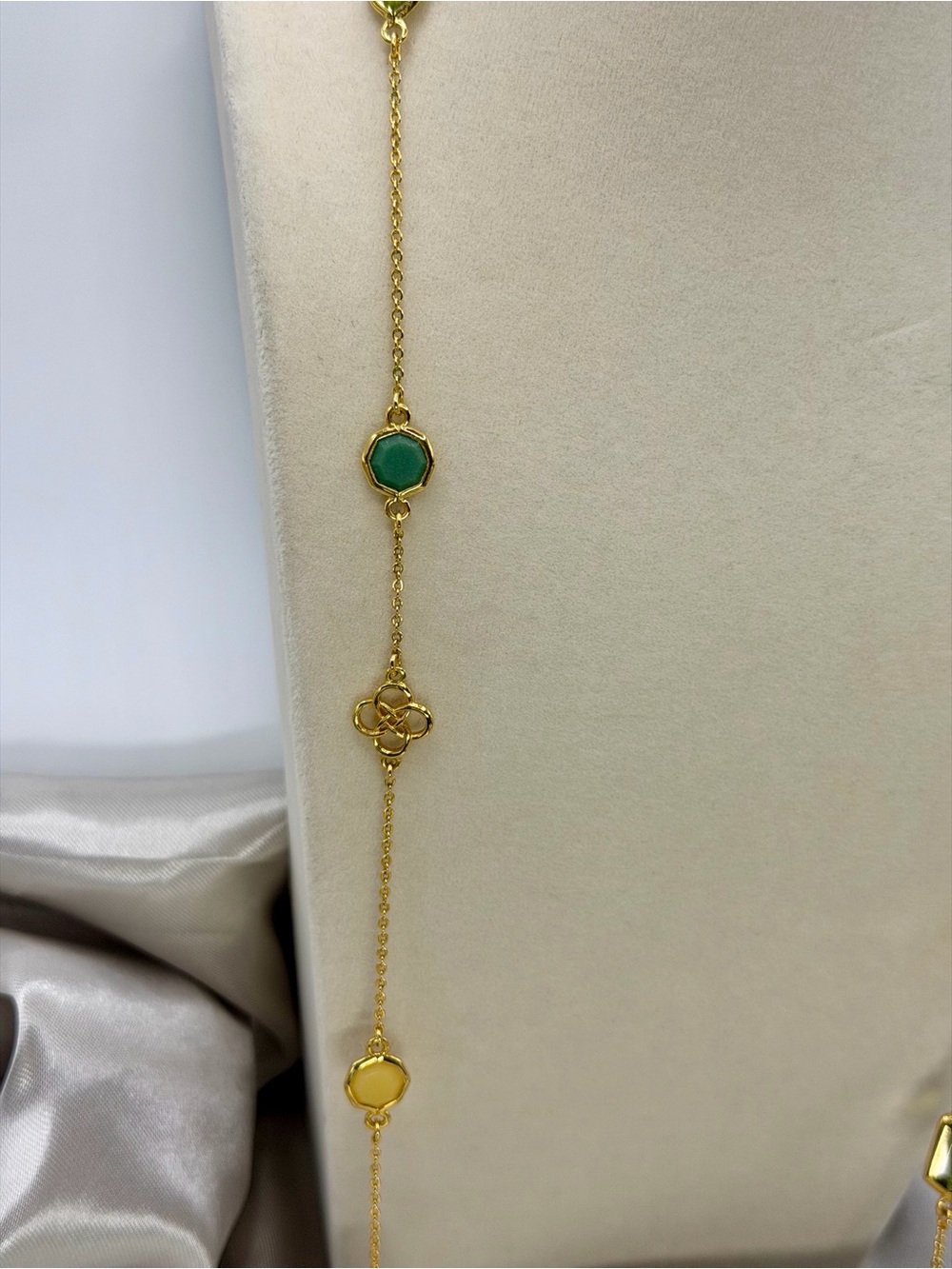 Long Gold Chain Necklace with Green Gem Accents - Women Jewelry - Picture 3 of 6